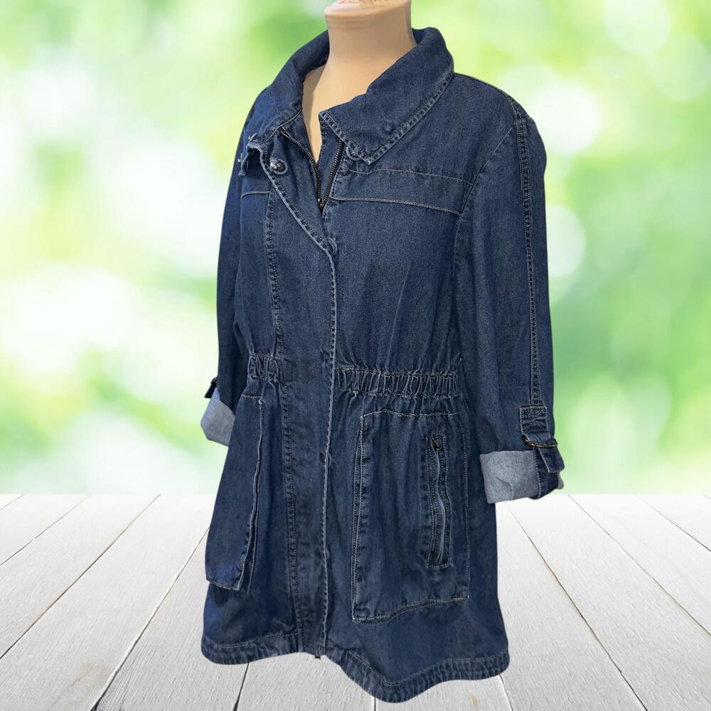 Vintage Y2K LIVE A LITTLE Denim Utility Jacket Drawstring Waist Zip Pockets Sz M